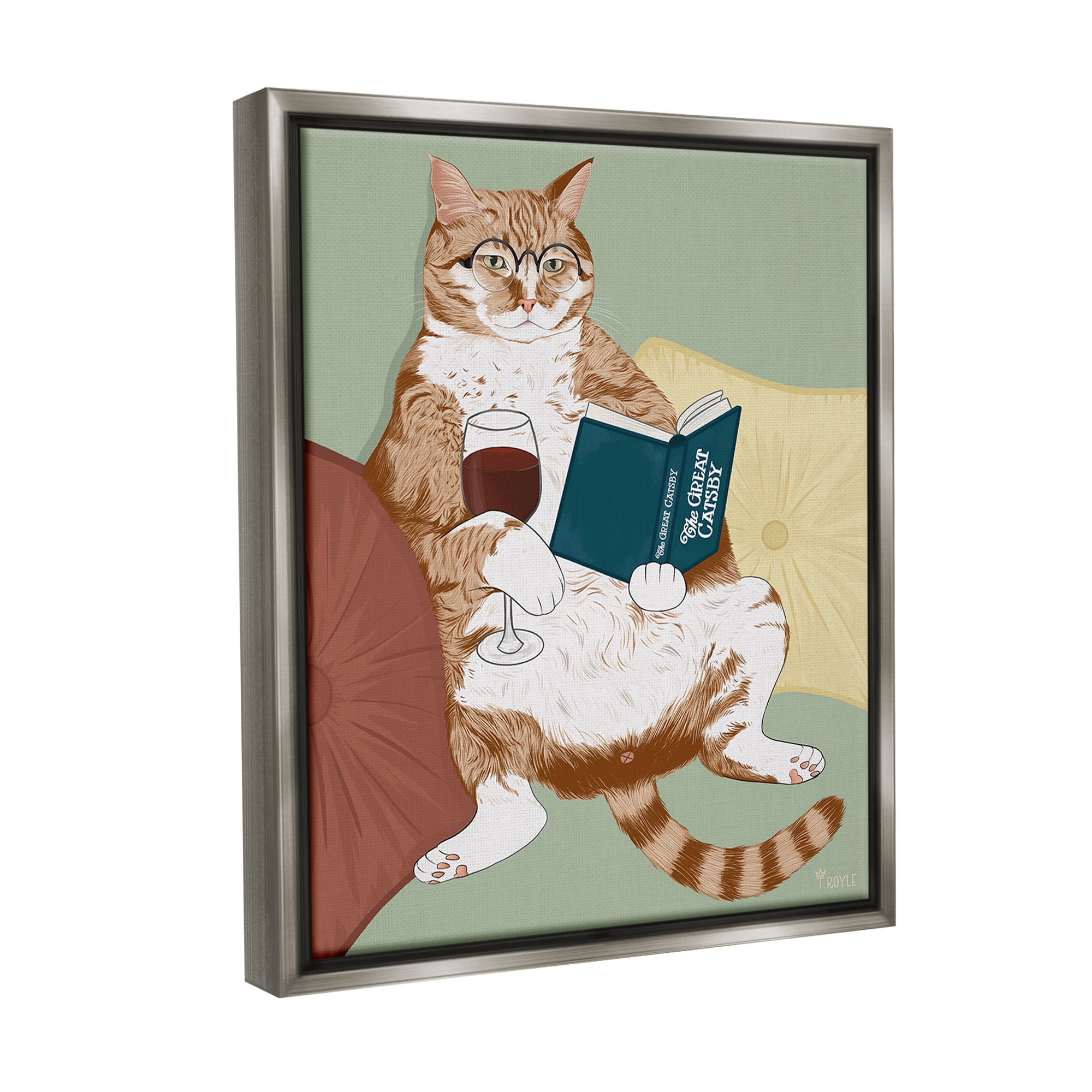 Stupell Industries Cat Reading with Wine Animals & Insects Painting Gray Floater Framed Canvas Art Print Wall Art, 17 x 21