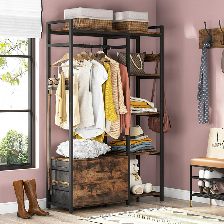 Tribesigns Freestanding Closet Organizer, Clothes Rack with Drawers and  Shelves, Heavy Duty Garment Rack Hanging Clothing Wardrobe Storage Closet  for Bedroom, Rustic Brown 