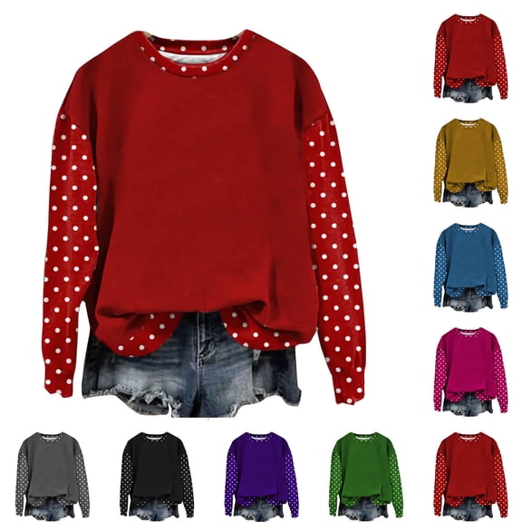 Jsaierl Womens Sweatshirts Cute Polka Dot Round Neck Sweatshirt Lightweight Pullover Work Long Sleeve Tops Winter Fashion S-2XL