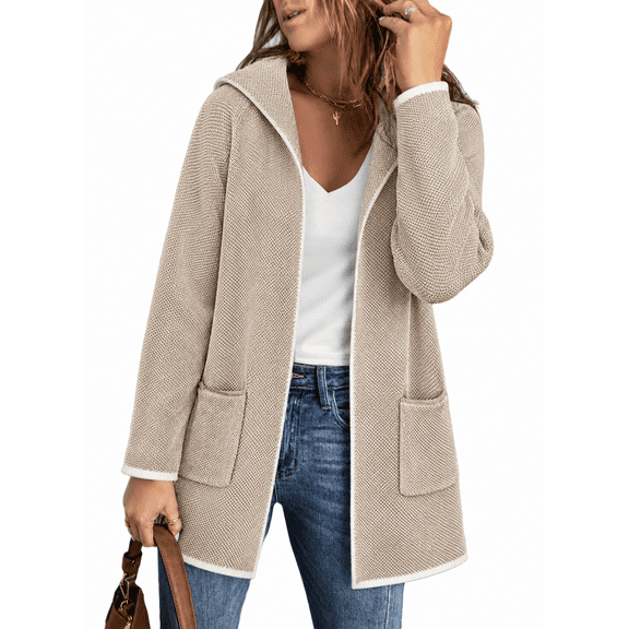 Eytino Hooded Cardigans for Women Long Sleeve Open Front Contrast Cardigan Sweaters Oversized Chunky Knit Hooded Sweaters Coat Apricot M