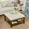 thumbnail image 2 of Square Upholstered Tufted Linen Ottoman Coffee Table with Open Storage, Large Oversized Footrest with Beech Wood Shelf and Frame for Living Room Office Bedroom, Ivory, 2 of 6