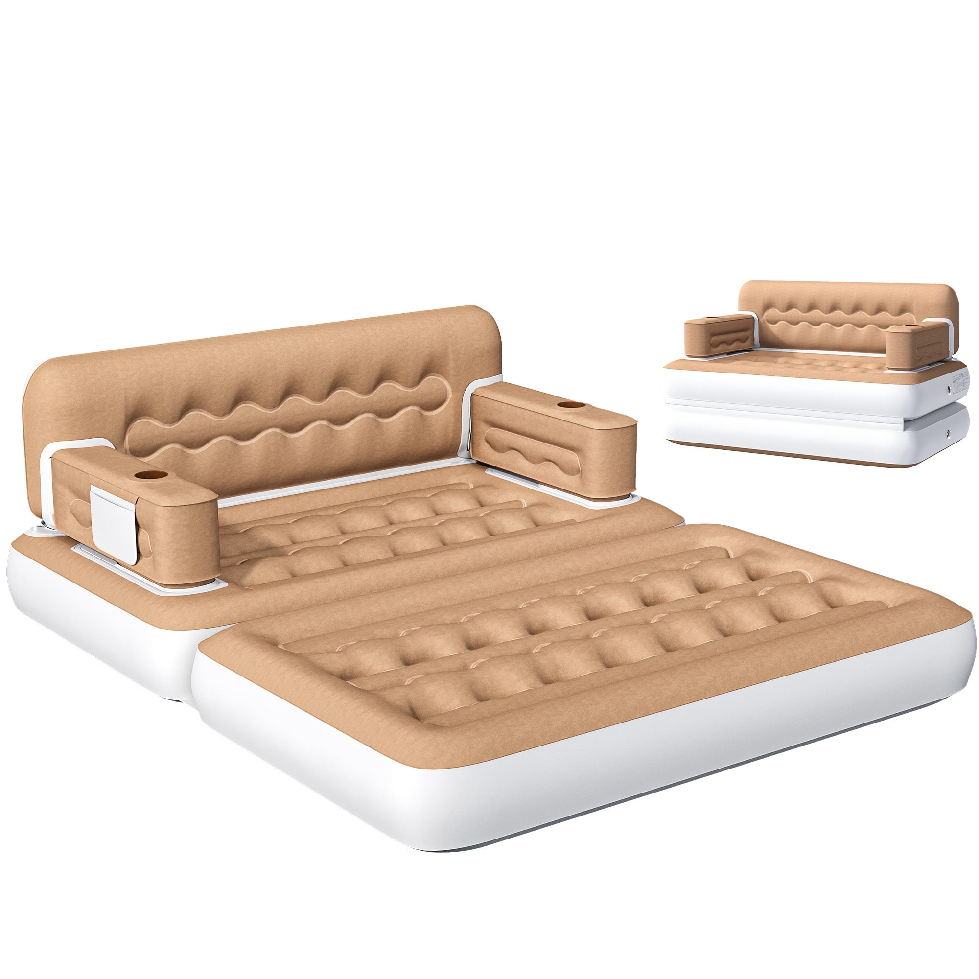 Uforic Queen Size 2-in-1 Convertible Inflatable Air Sofa Bed with Wave Headboard, Built Pump, Cup Holders & Storage Pocket for Guest Room Camping, Khaki