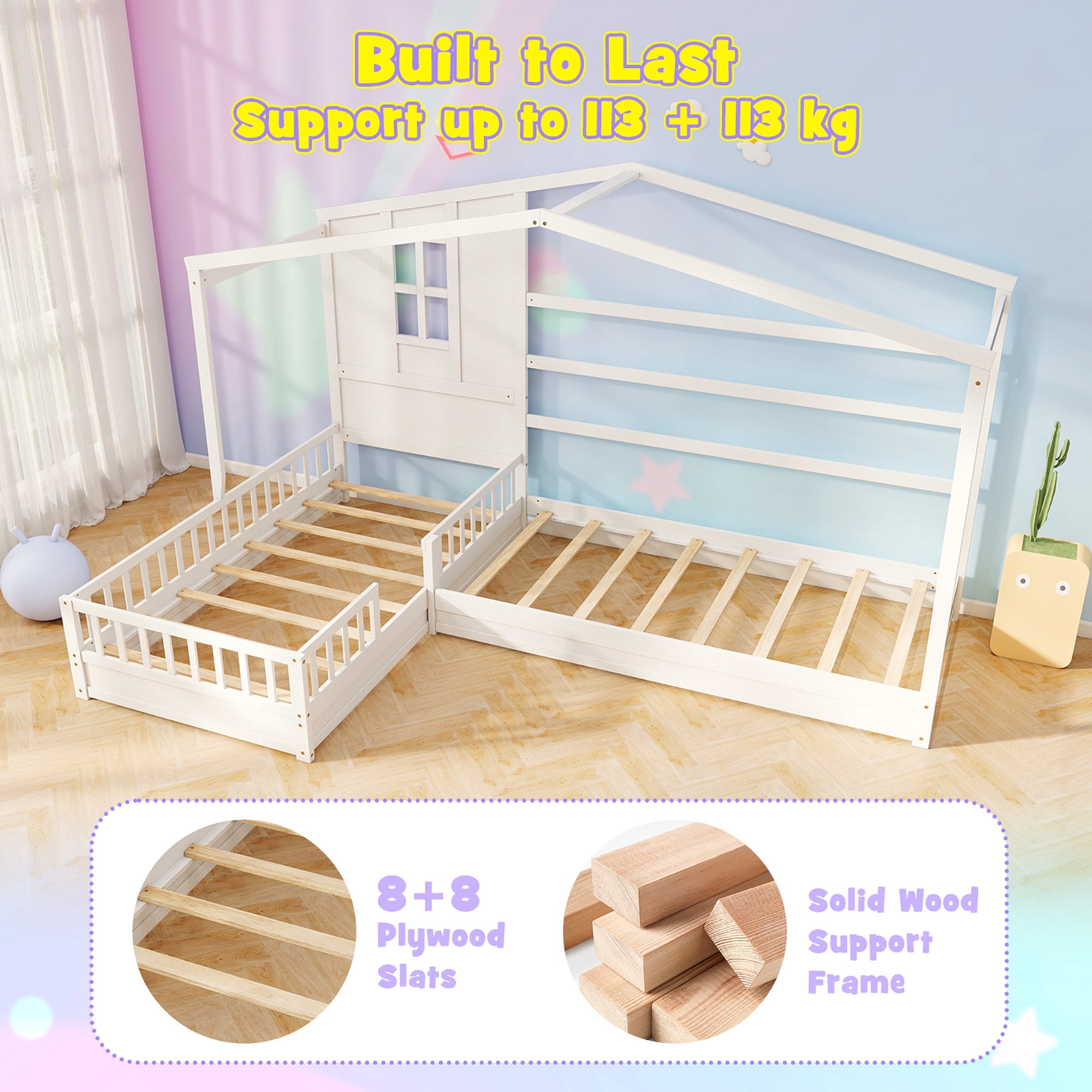 Gymax L-shaped Double Twin Beds House Platform Beds w/ Window & Fences ray White
