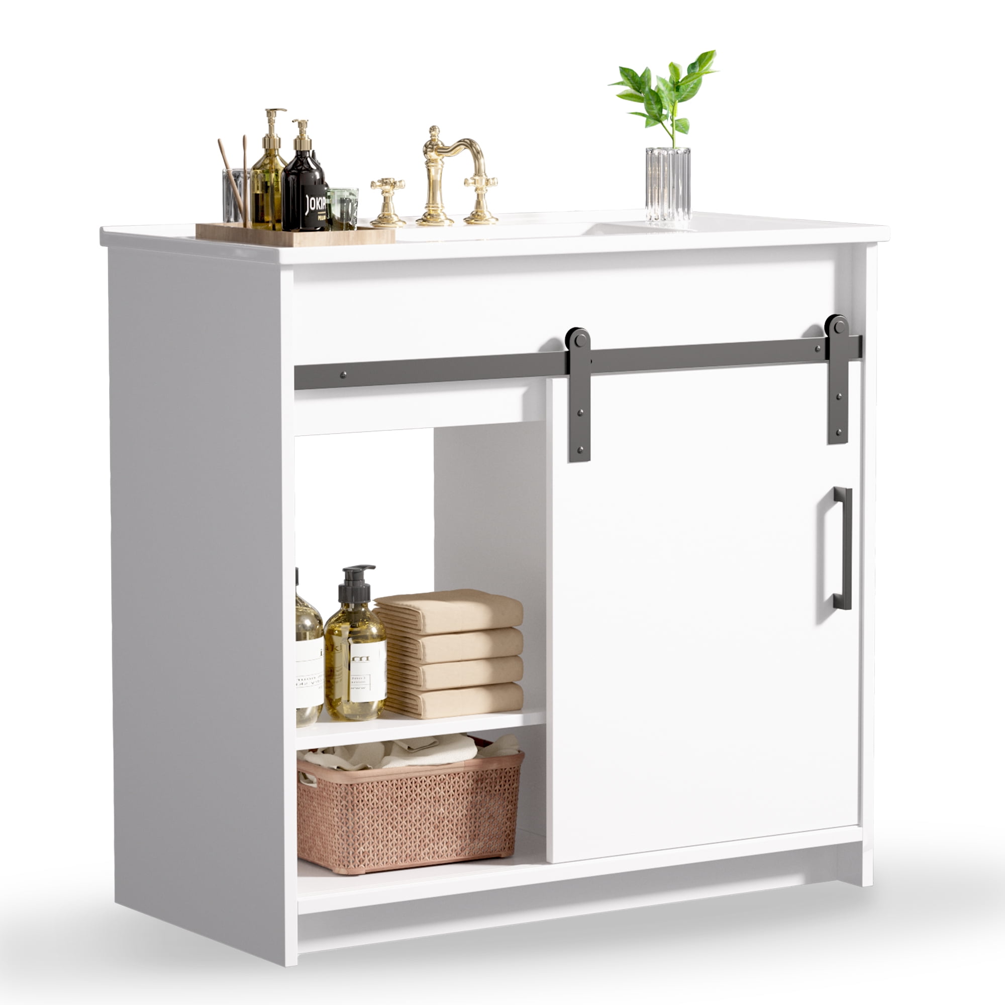 Zidtia 36" Bathroom Vanity Set with Sink, Storage Cabinet with Drawers & Sliding Door, Features Metal Handles, Easy Assembly, White