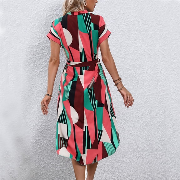 Women's vacation beach dress with belt, short sleeves, midi skirt