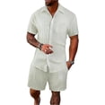 thumbnail image 3 of Men 2 Piece Matching Summer Outfit Stripe Texture Short Sleeve Button Up Shirt and Shorts Casual Vacation Set, 3 of 7