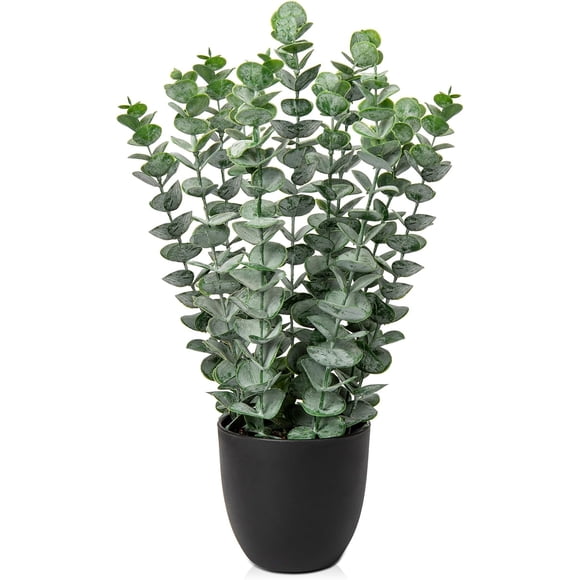 Arborus Fake Eucalyptus Plant in Vase, Realistic Eucalyptus Stems Artificial Plant in Black Pot, Cute Faux Eucalyptus Plant for Home Farmhouse Centrepieces Patio Table Décor
