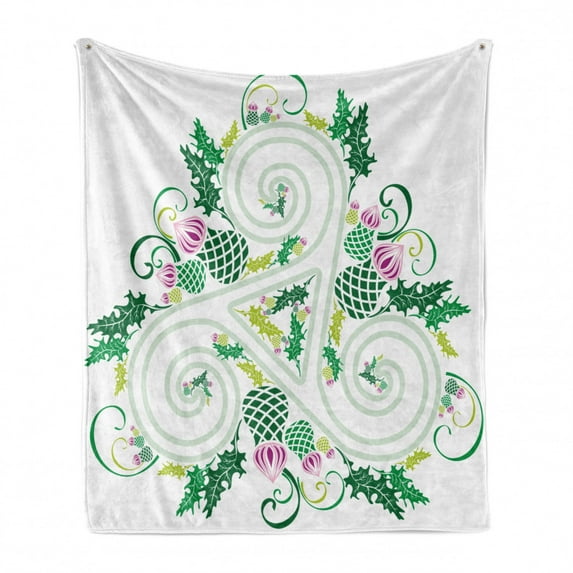 Celtic Soft Flannel Fleece Throw Blanket, 3 Legged Macro Single Celtic Form with Curved Lines Extending from Centre Print, Cozy Plush for Indoor and Outdoor Use, 70" x 90", Green Pink, by Ambesonne