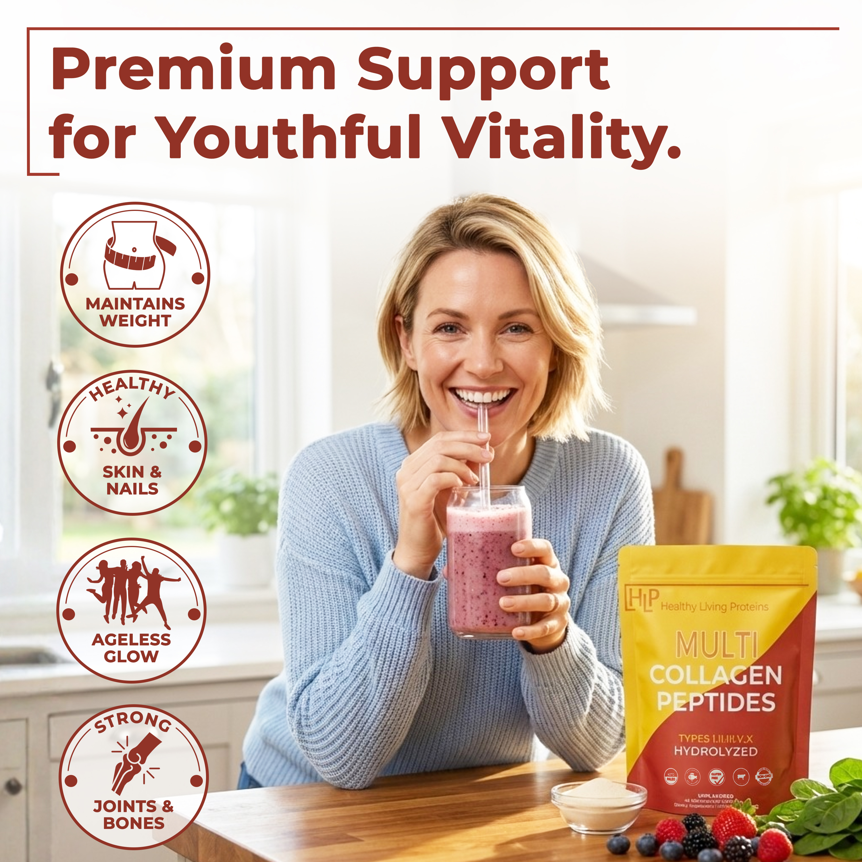 Healthy Living Proteins Hydrolyzed Multi Collagen Peptides Powder with Probiotics, Grass-Fed Unflavored Collagen Protein (Types I, II, III, V, X), Supports Skin, Hair, Nails & Joints, 41 Servings