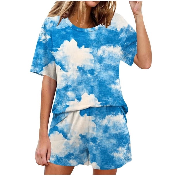 Conjunto de Pijama de las Mujeres de Moda Casual Color Sólido Casa Manga Corta Cuello Redondo Superior Y Pantalones, Ropa de Salón