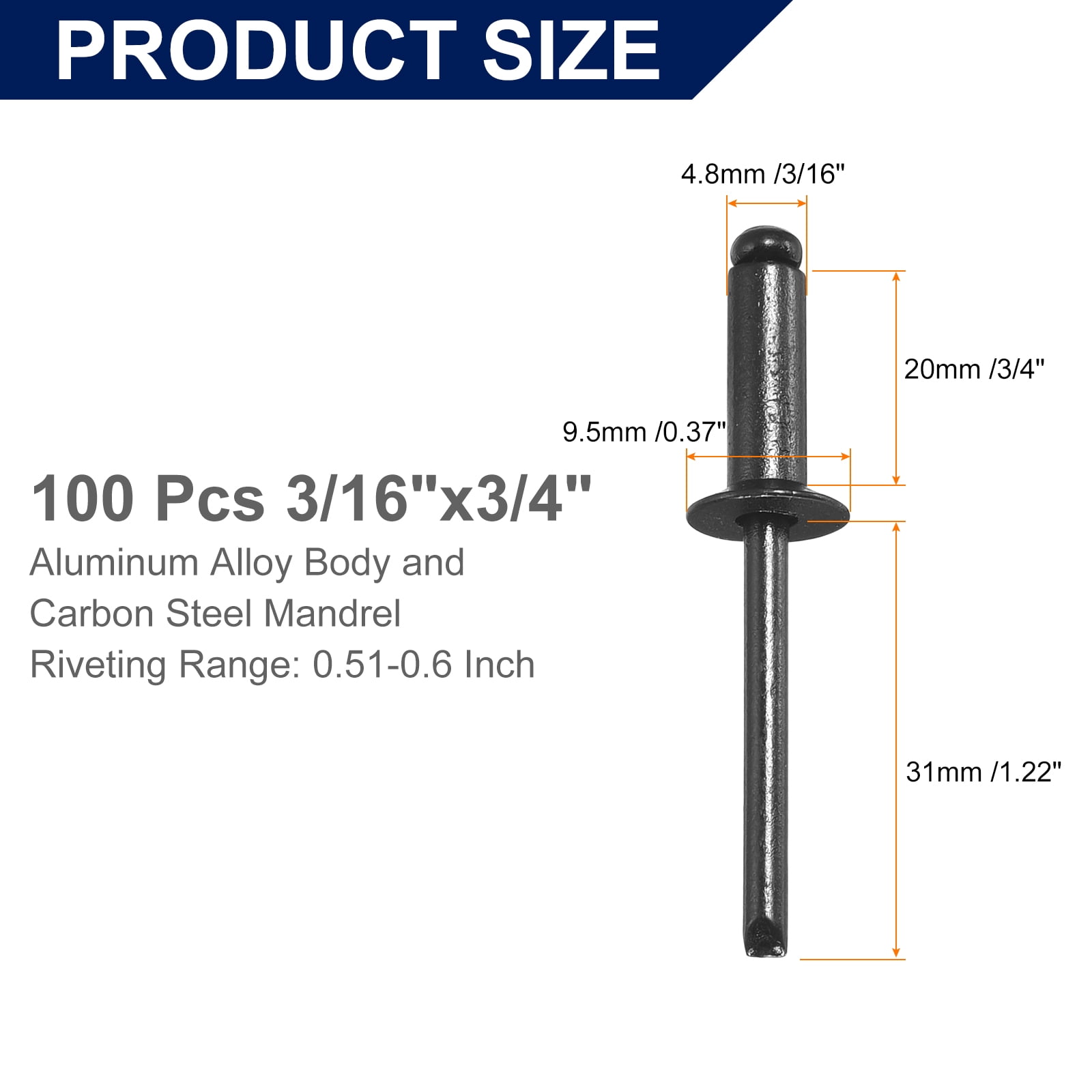 Uxcell 100Pcs 3/16"x3/4" Aluminum Blind Rivets, Countersunk Head Split Rivets, Black