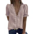thumbnail image 1 of Camiseta de mujer Encaje Cuello en V Camisa de manga corta Blusa Top casual, Albaricoque, S sidaley AP001454-21, 1 of 6
