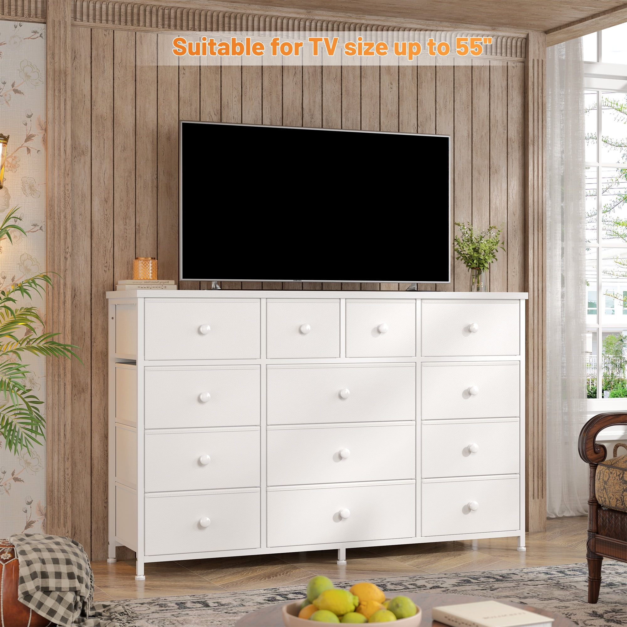 White Dresser for Bedroom TV Stand with 13 Drawers for for 55" TV, Fabric Wide Dresser for Living Room