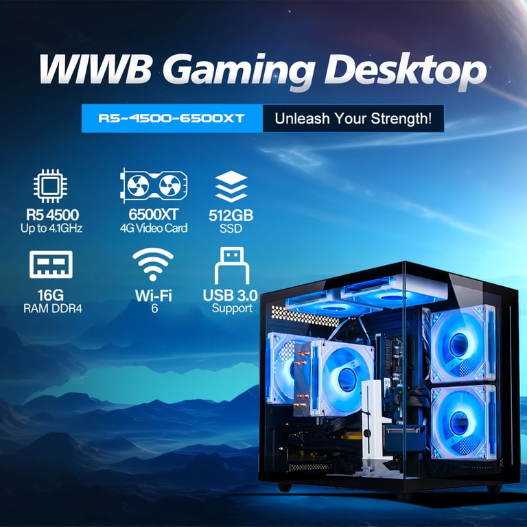 WIWB Gaming PC, Ryzen 5 5600, RX 6500 XT 4GB, 16GB DDR4, 1TB SSD