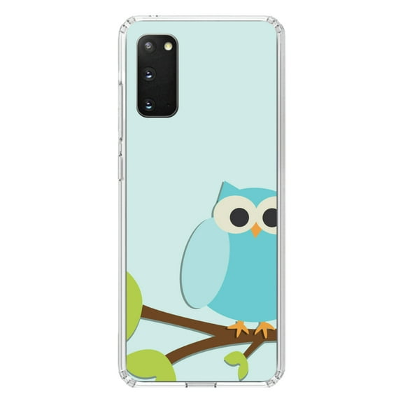 DistinctInk Clear Shockproof Hybrid Case for Galaxy S20 / S20 5G (6.2" Screen) - TPU Bumper, Acrylic Back, Tempered Glass Screen Protector - Blue Owl Cartoon - Cartoon Owls