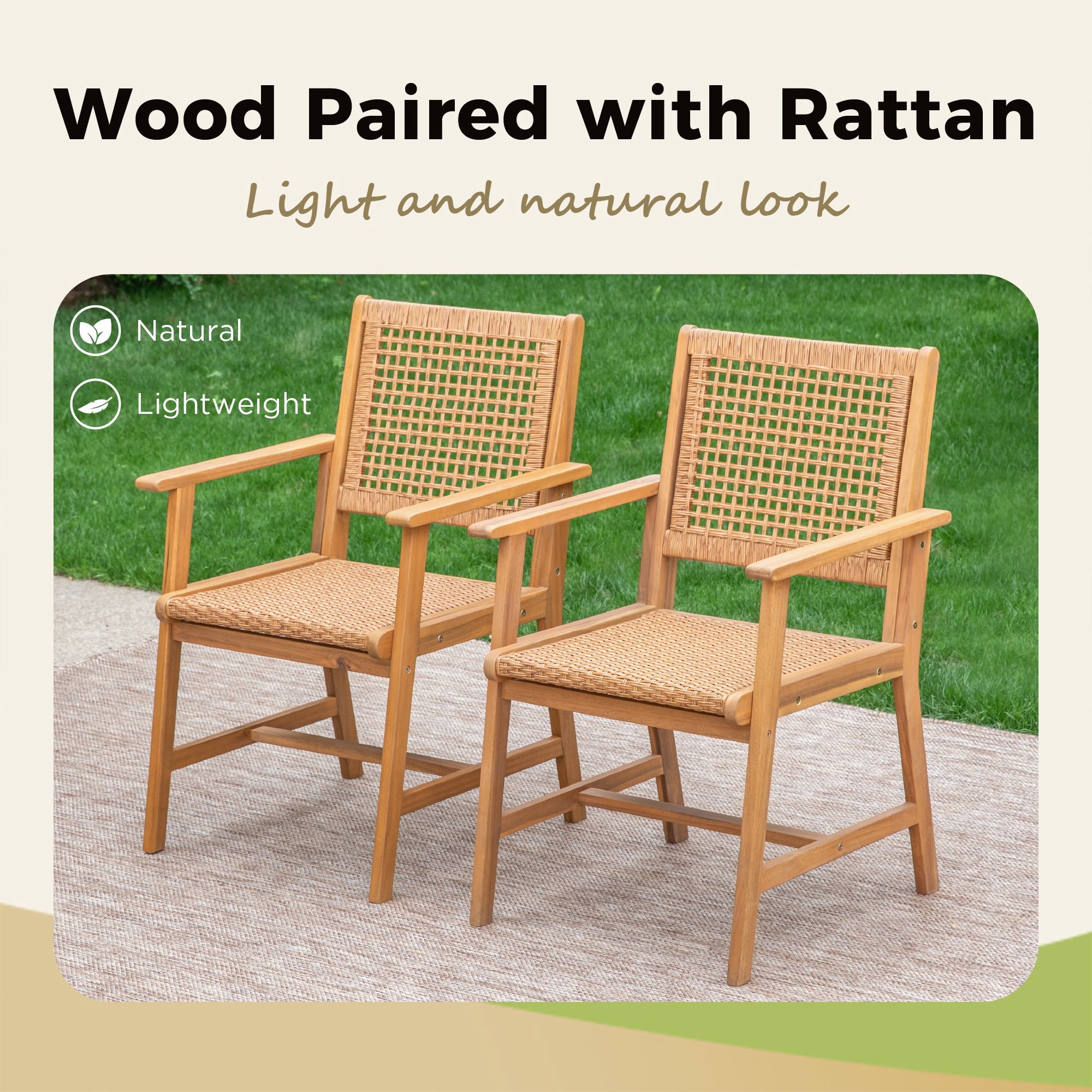 9-Piece Acacia Wood Outdoor Patio Dining set with 8 Wooden Chairs with Rattan and 1 Acacia Wood Table