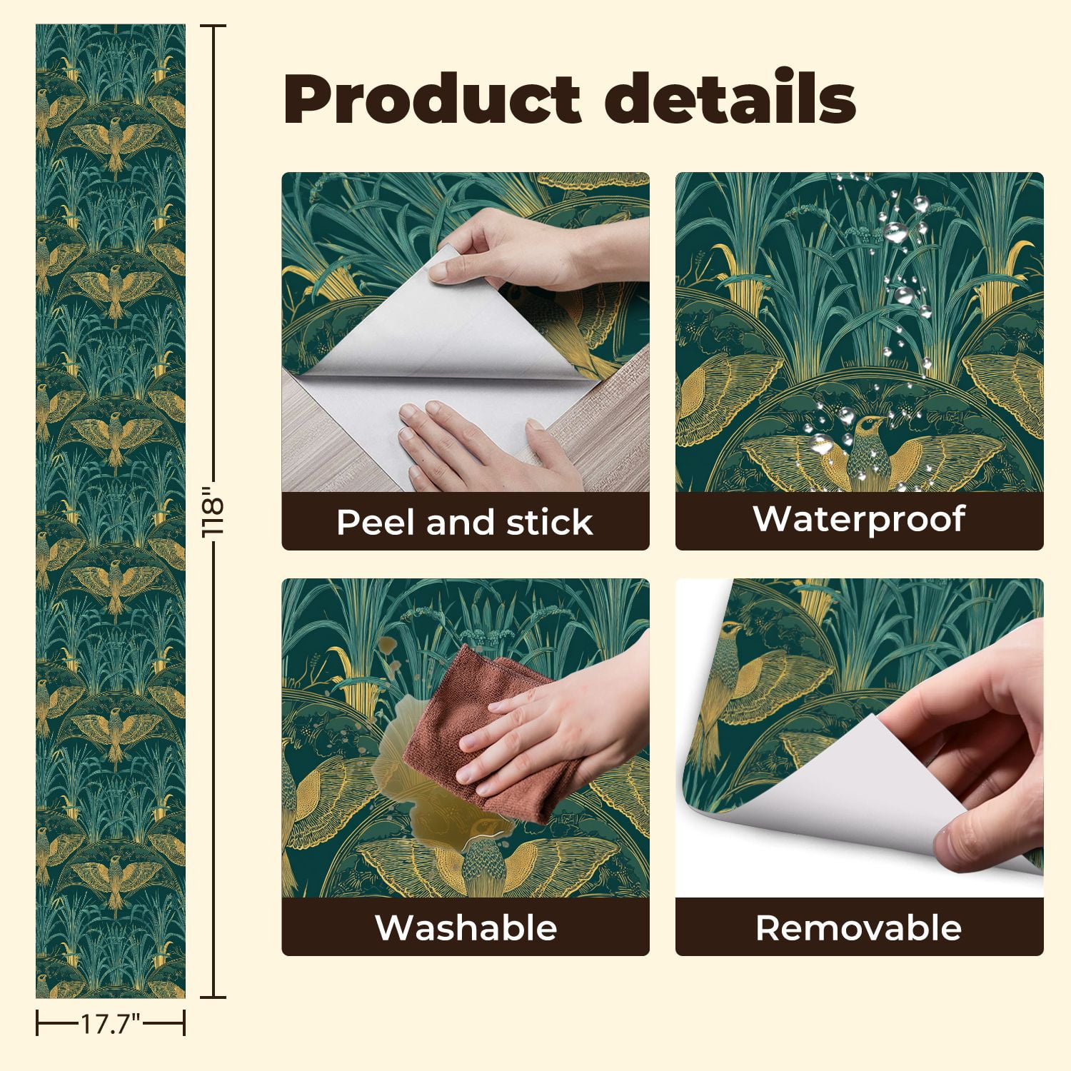 Vintage Peel and Stick Wallpaper Botanical Birds Ornamental Foliage Teal Gold Wall Mural 17.7in x 9.8ft Self Adhesive Removable Wall Paper Renter Friendly Wallpaper for Nursery Bedroom Cabinets