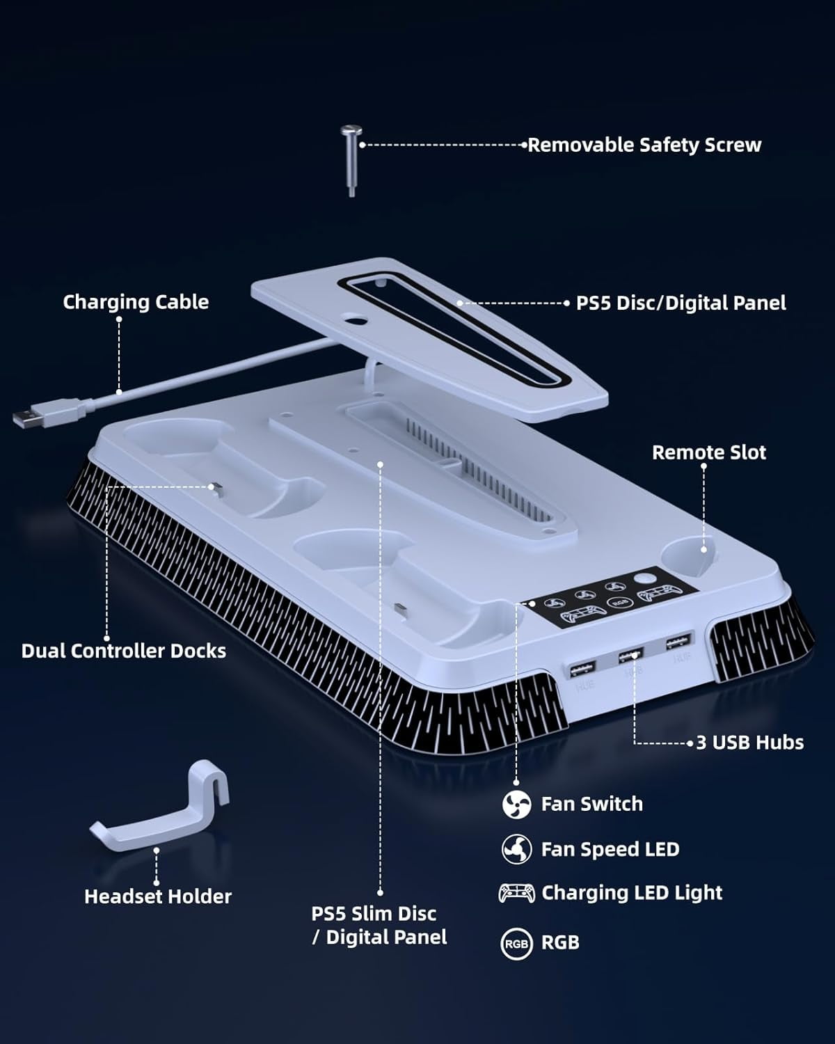 GAEKOL PS5/PS5 Pro/PS5 Slim Stand and Cooling Station, Controller Charging Station for PlayStation 5 Console, PS5 Stand Controller Charger for Disc & Digital with Cooling Fan
