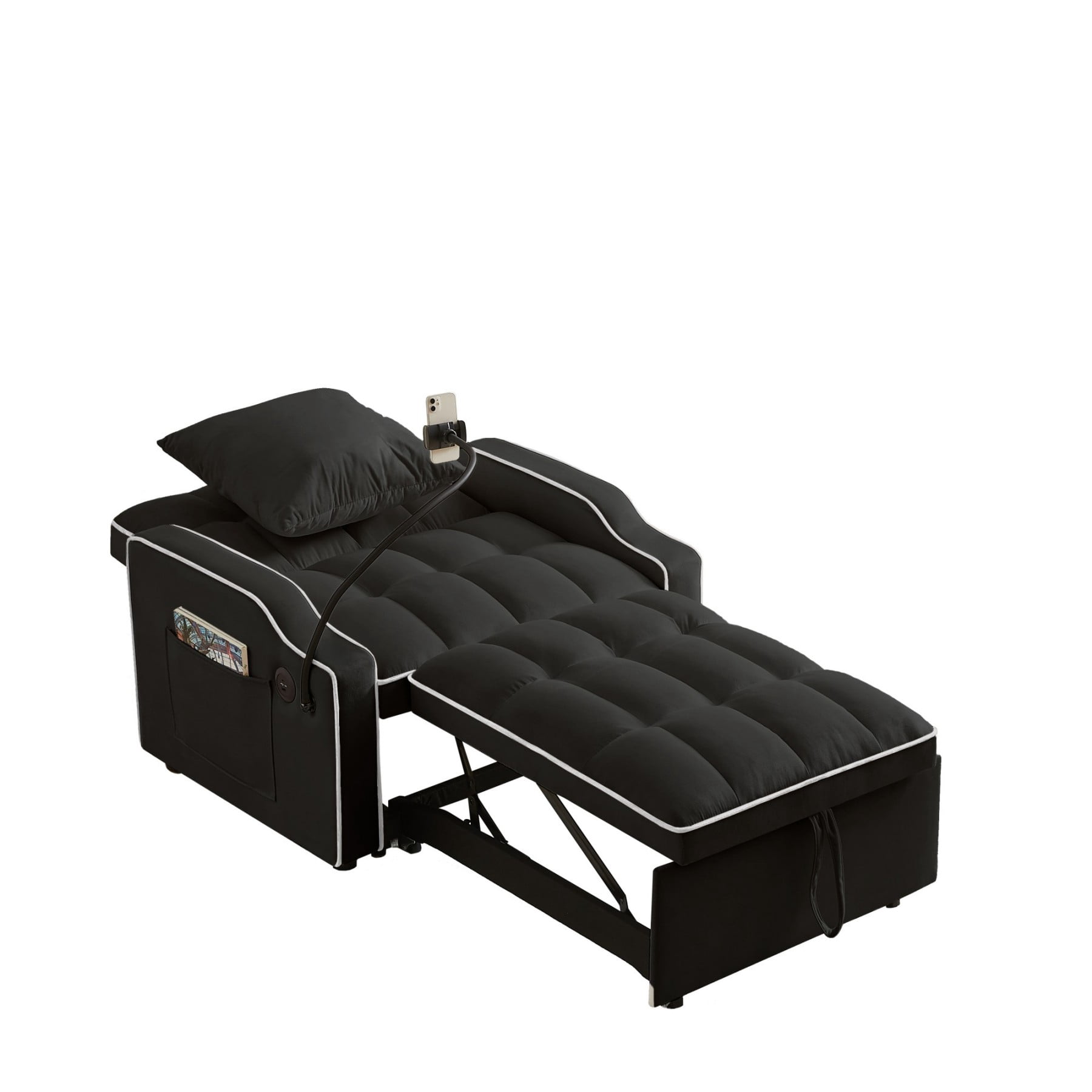 3-in-1 Sleeper Sofa Chair Bed with USB & Type-C, Adjustable Velvet Recliner Couch for Small Spaces, Black