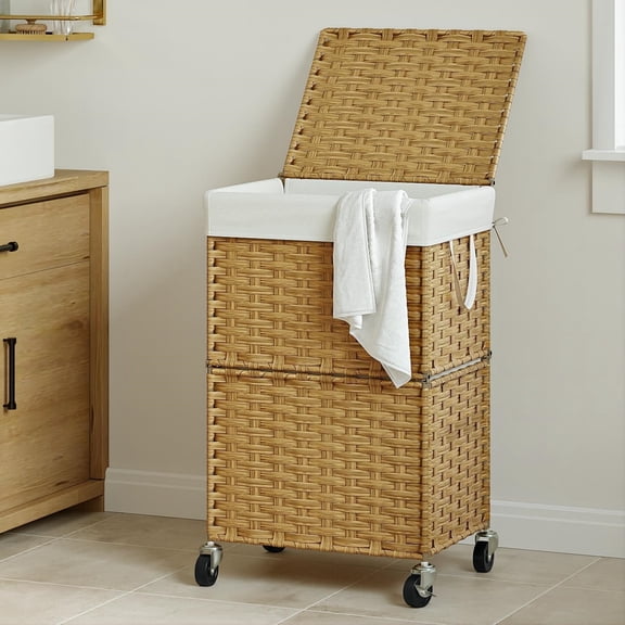 90L Slim Laundry Hamper with Wheels, Rolling Laundry Basket with Lid and Renovable Liner Bag, Handwoven Rattan Organizer for bedroom, bathroom, laundry room (Yellow)
