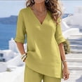 thumbnail image 5 of YABCSAZ Women's Cotton Linen 2-Piece V-Neck Top and Wide Leg Pants Set Casual Summer Outfits Lightweight Breathable Loose Fit Two Piece Set Yellow, Gifts for Women, 5 of 8