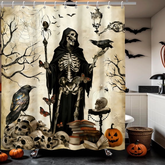 MIZHONA Halloween Skull Shower Curtain Gothic Retor Skeleton and Crow Fabric Bathroom Curtains for Bathroom Decor 72x72 in