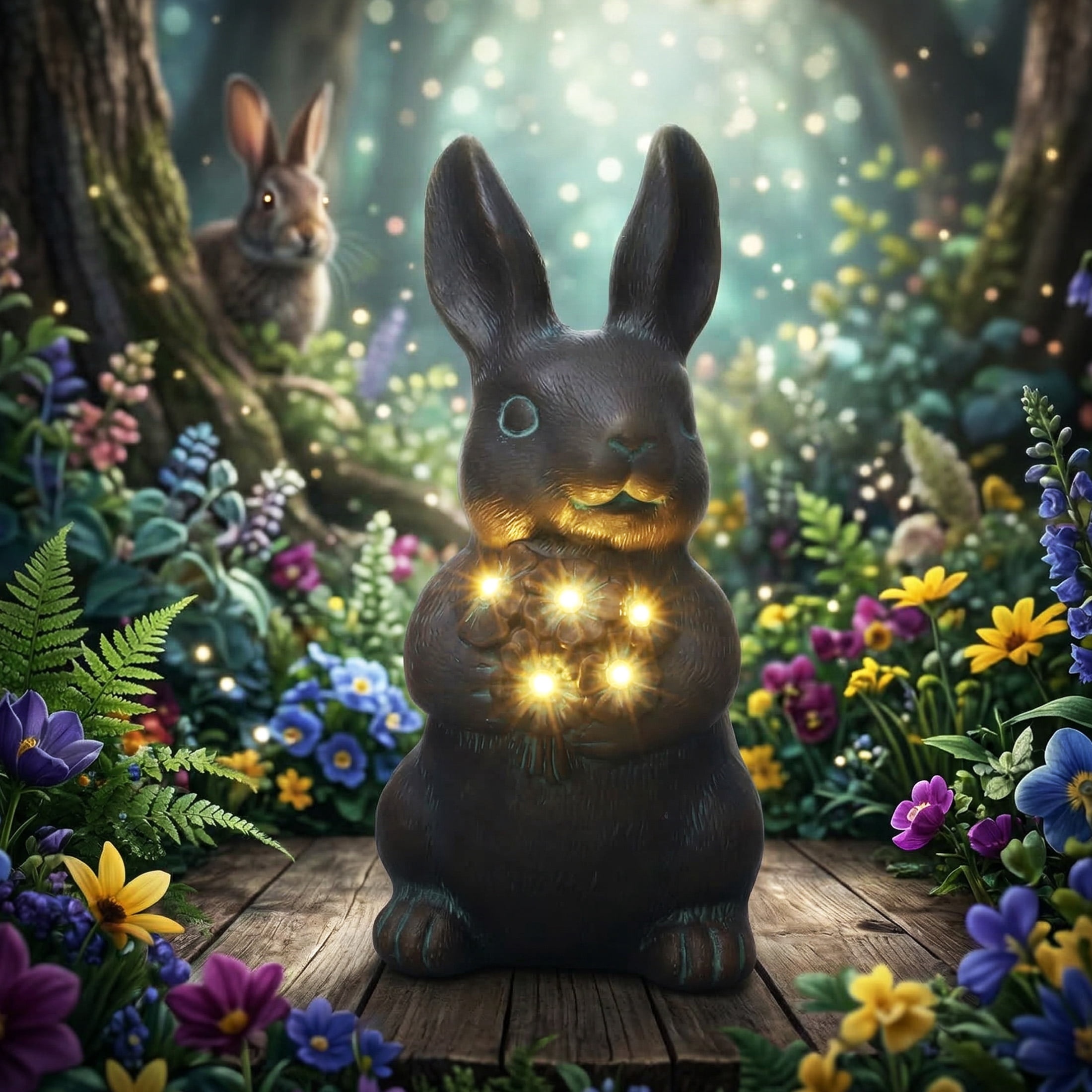 The Growing Ground Solar Bunny Garden Statue with LED Light, Outdoor Resin Rabbit Decor for Lawn, Patio, Bronze