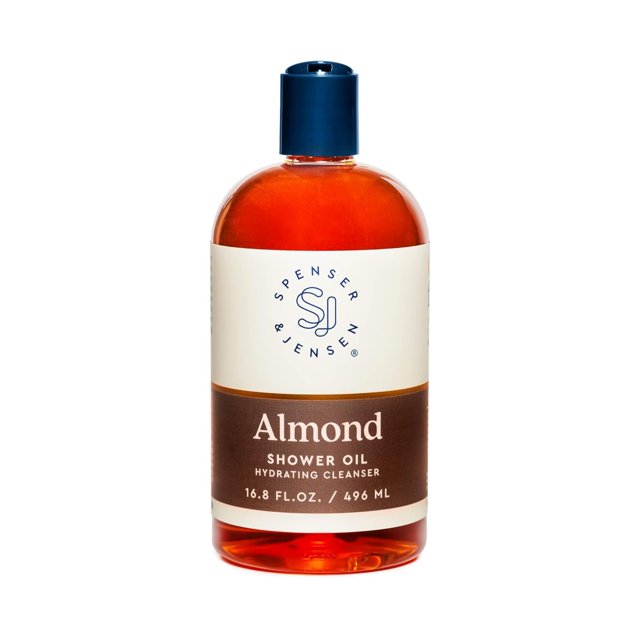 Spenser & Jensen Aceite de ducha hidratante de almendras – Gel de baño para todo tipo de piel – Gel de ducha de aceite de almendras para mujeres y hombres – Rico en aceite de vitamina E – Sin sulfato