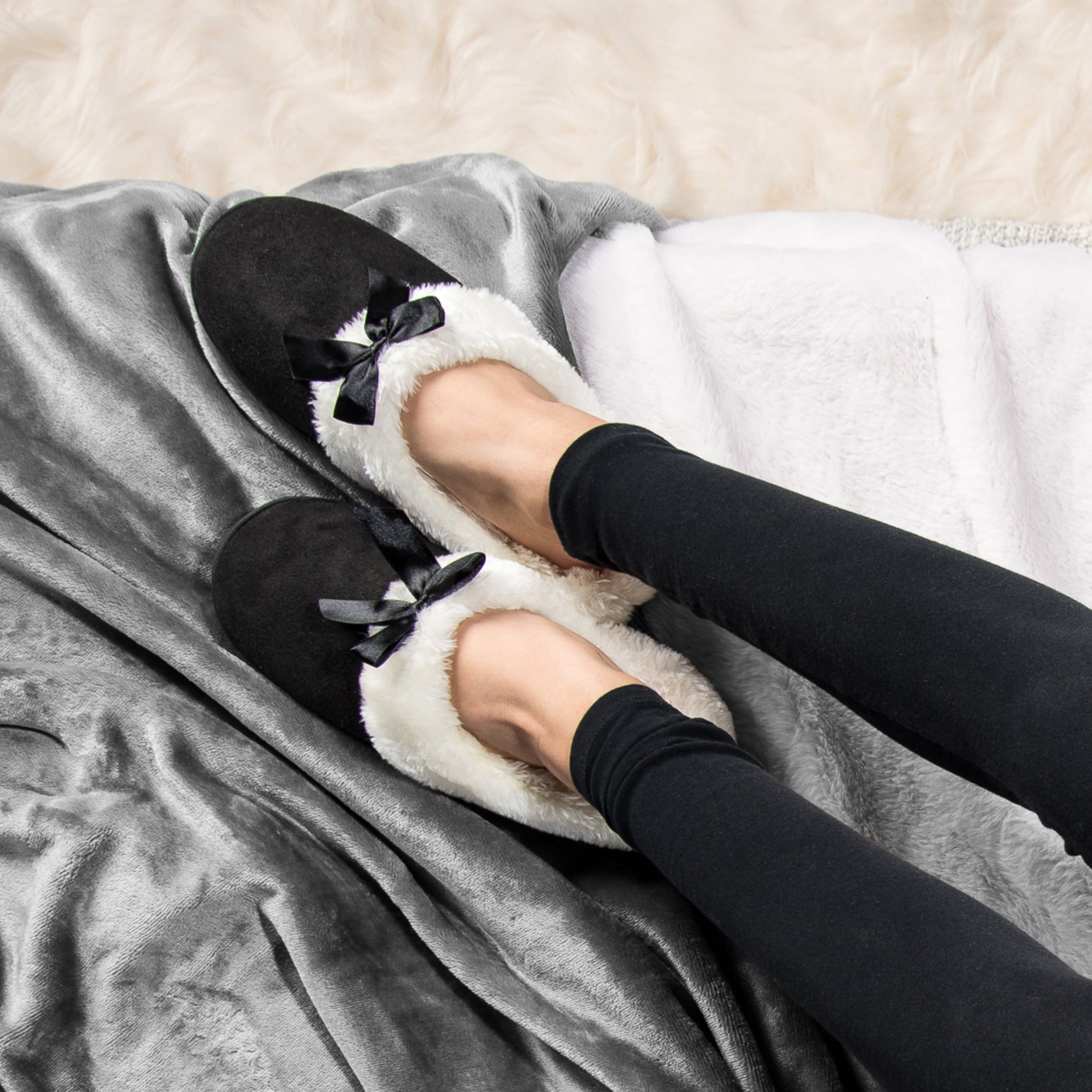 Women's Soft and Cozy Ribbon Bow Plush Slippers With No-Slip Rubber Sole For Indoor, Outdoor, Spa Use (Black)