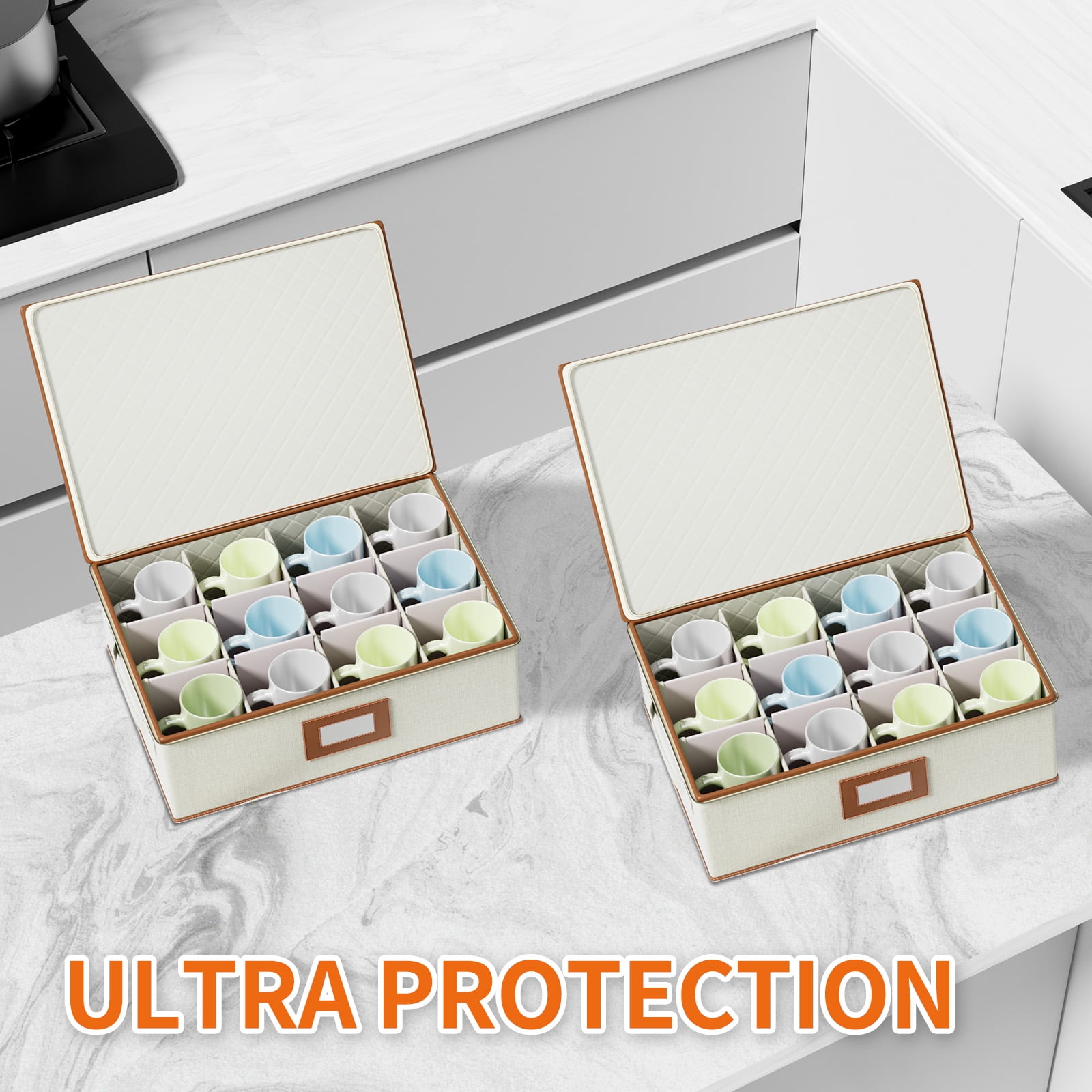 Aokeyee 2 Pack Cup and Mug Storage Box Hard Shell Holds 24 Coffee Mugs Glasses Stackable Organizers with Lid Handles Zippers Label for Moving Ivory