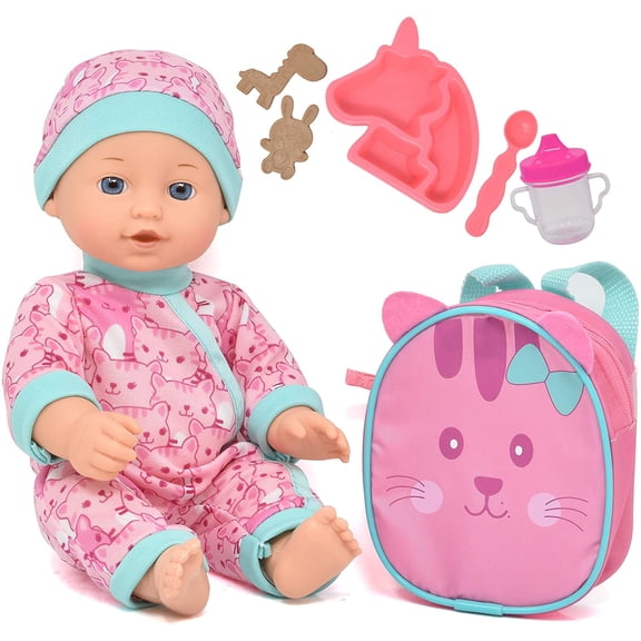 Baby Doll with Backpack Carrier, Doll Feeding Set Accessories, 12 Inch Doll with Baby Bottle and Mini Doll Backpack