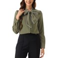 thumbnail image 1 of Blusa de trabajo de manga larga con botones y cuello atado para mujer INSPIRE CHIC en azul marino y verde, 1 of 6
