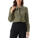 thumbnail image 1 of Blusa de trabajo de manga larga con botones y cuello atado para mujer INSPIRE CHIC en azul marino y verde, 1 of 6