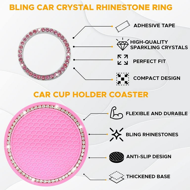 EcoNour Car Coasters (2 Pack) with Push Start Button Bling Ring (1 Pack) |  Anti-Slip Car Coasters for Women | Unique Cup Holder Coaster with Crystal