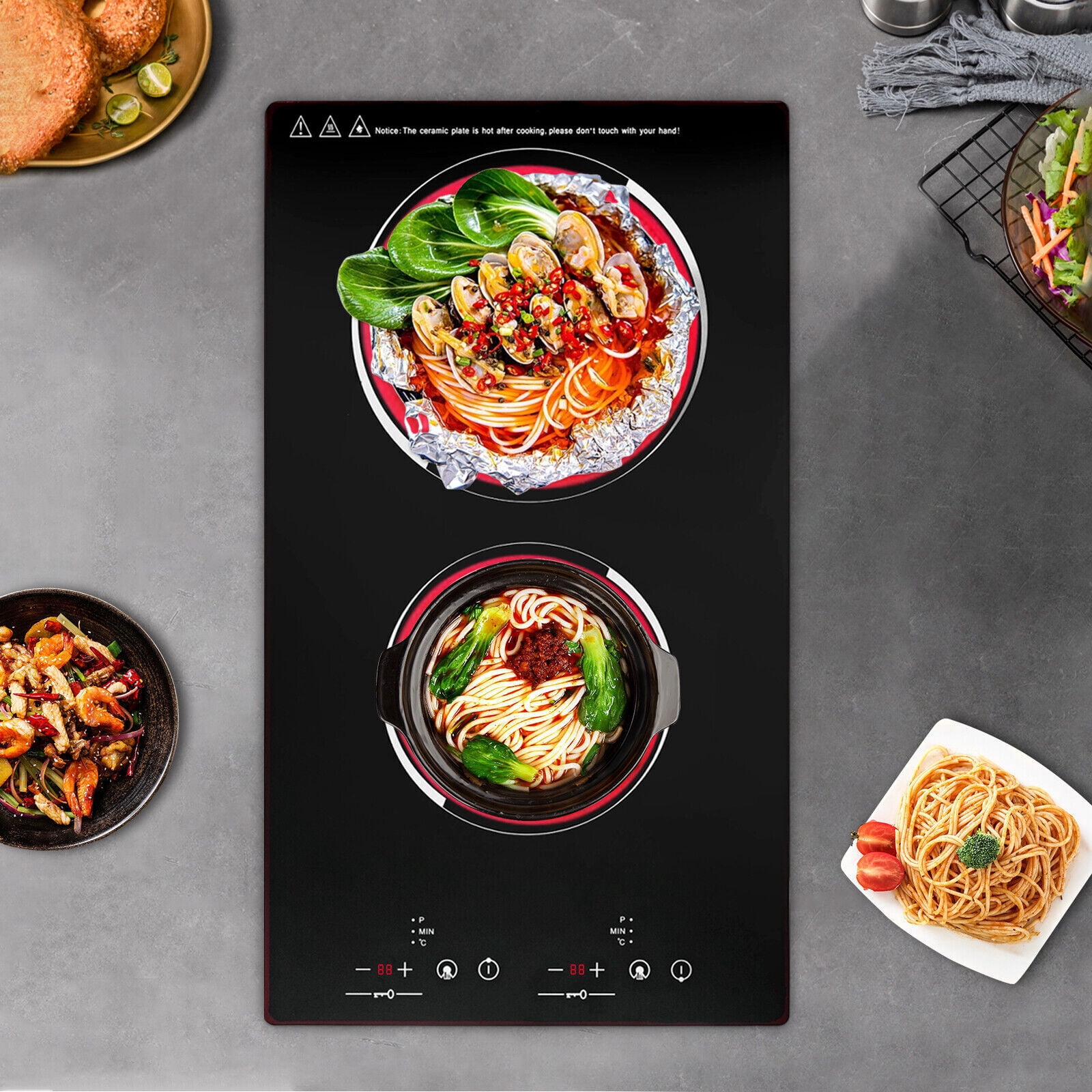 2 Burners Modern Electric Cooking Stove Ceramic Cooktop Touch Control 1500W 140-482°F Black 20.08*11.34in