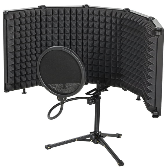 Foldable Microphone Isolation Shield Set - Recording Studio Booth with Stand & Pop Filter - Portable, Adjustable, Black - Home/Podcast Use