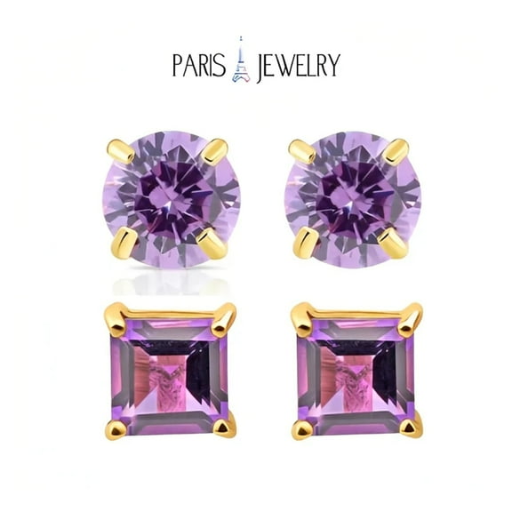 18k Yellow Gold 2 Pair Created Amethyst 6mm Round & Square Plated Stud Earrings Paris Jewelry
