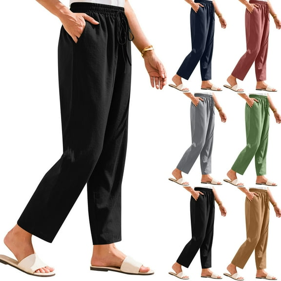 Aboser Thin Linen Pants for Women Summer Straight Leg Pants Drawstring High Waisted Trousers Lightweight Soft Lounge Pants with Pockets