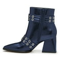 thumbnail image 4 of FSJ Women Stylish Pointed Toe Side Zipper Ankle Boots Chunky Mid Heel Double Metal Buckle Strap Studded Short Booties Date Shoes Size 8 Navy, 4 of 5