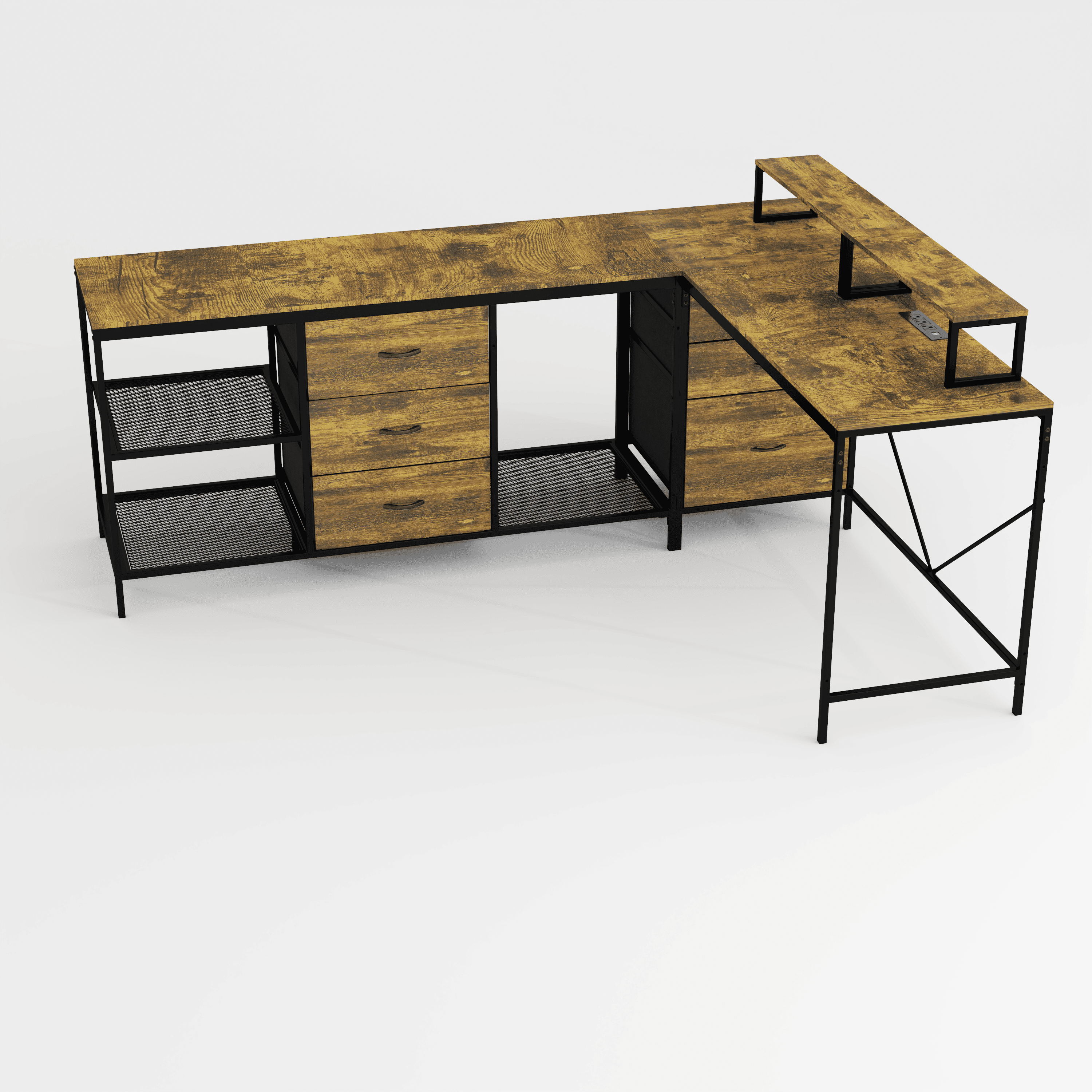 L-Shaped Desk with Power Outlets and USB-C, 114 in Corner Computer Desk with 6 Fabric Drawers, 3 Open Shelves, Movable Monitor Stands, Steel Frame, for Home Office and Gaming