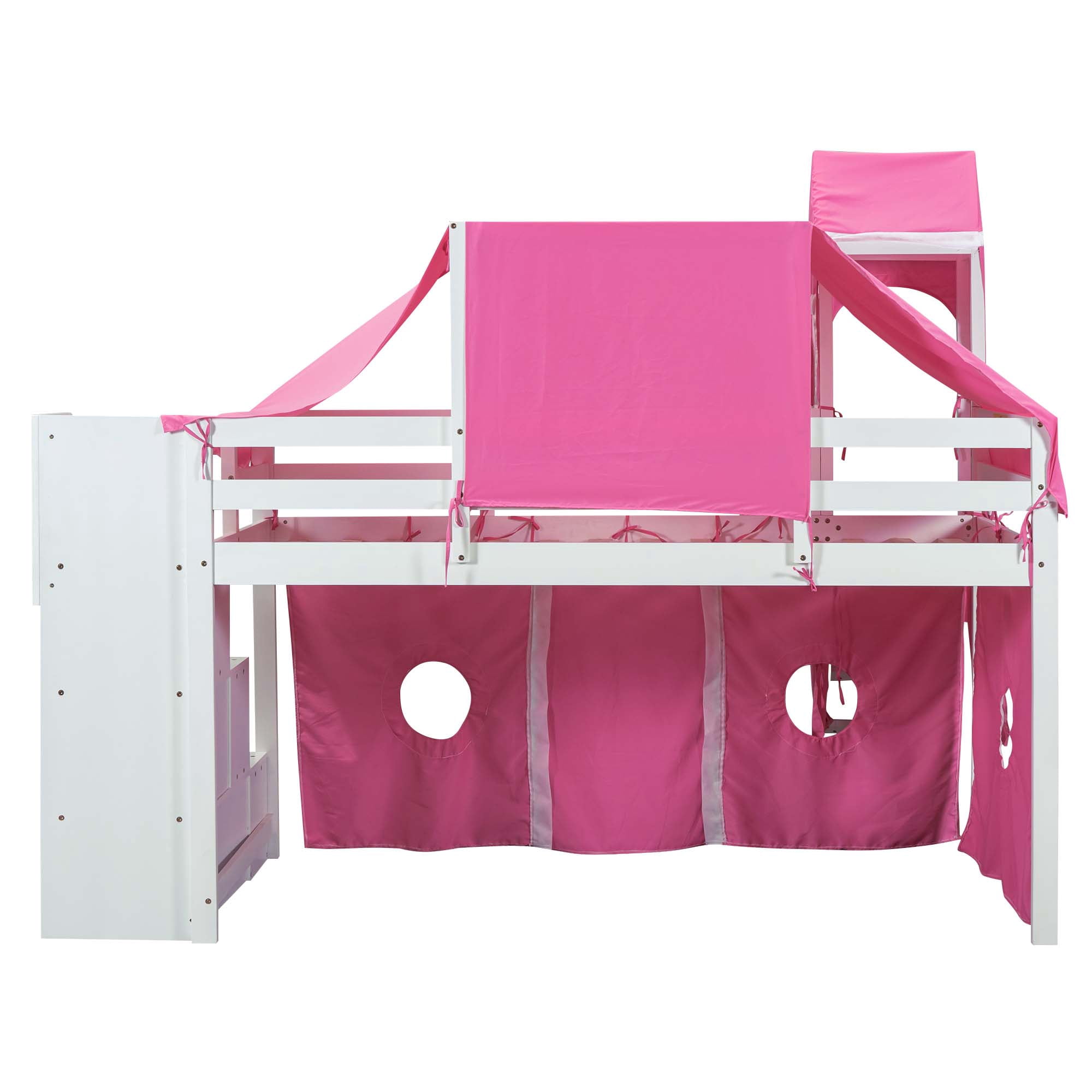 Aukfa Twin Loft Bed with Slide - Princess Castle Bed with Stairway Tent Tower for Kids Girls - Pink
