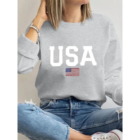 USA National Emblem Stamp Sweatshirts Long Sleeve Shirts For Women Gray One-piece
