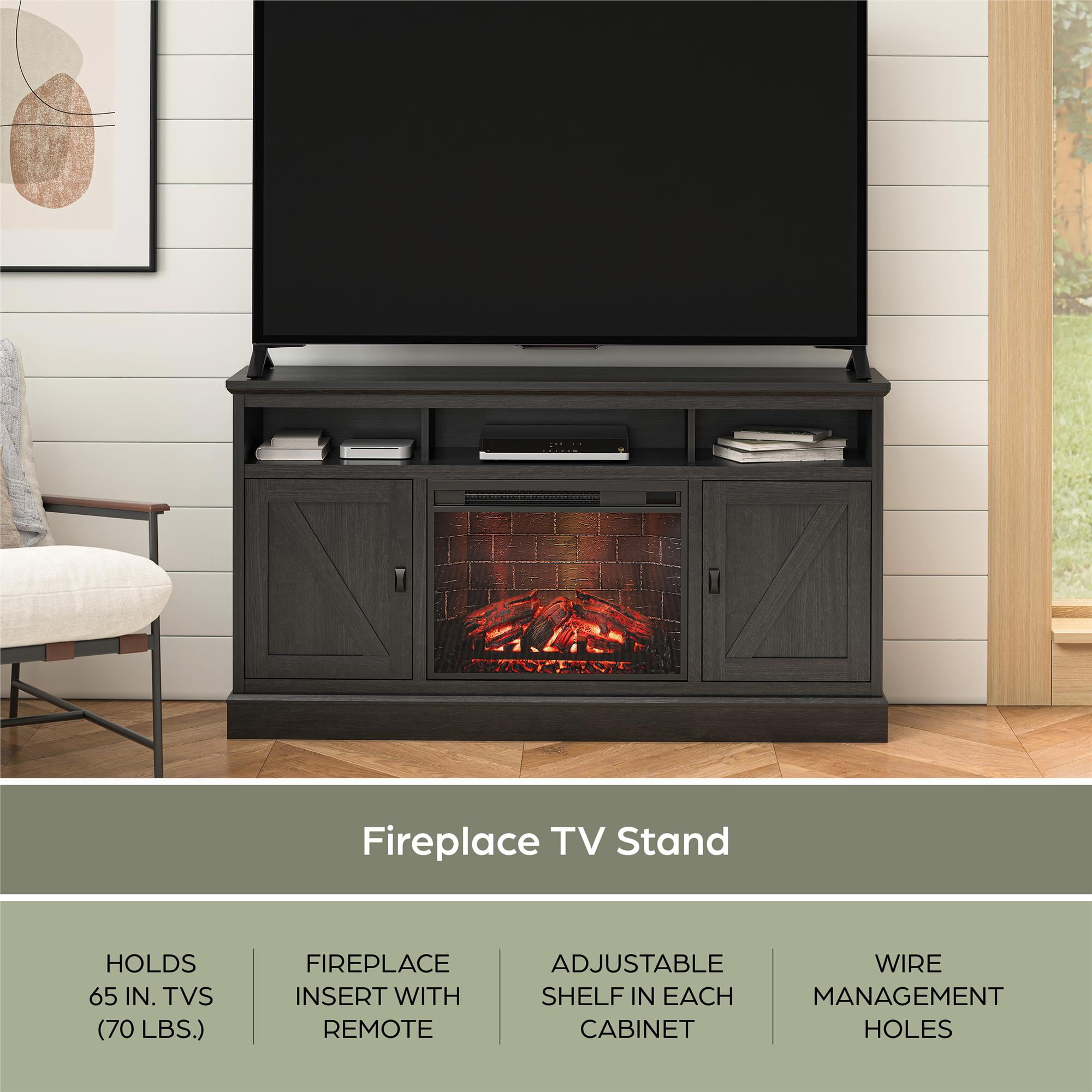 Ashton Lane Electric Fireplace TV Stand with Remote for TVs up to 65in, Black Oak