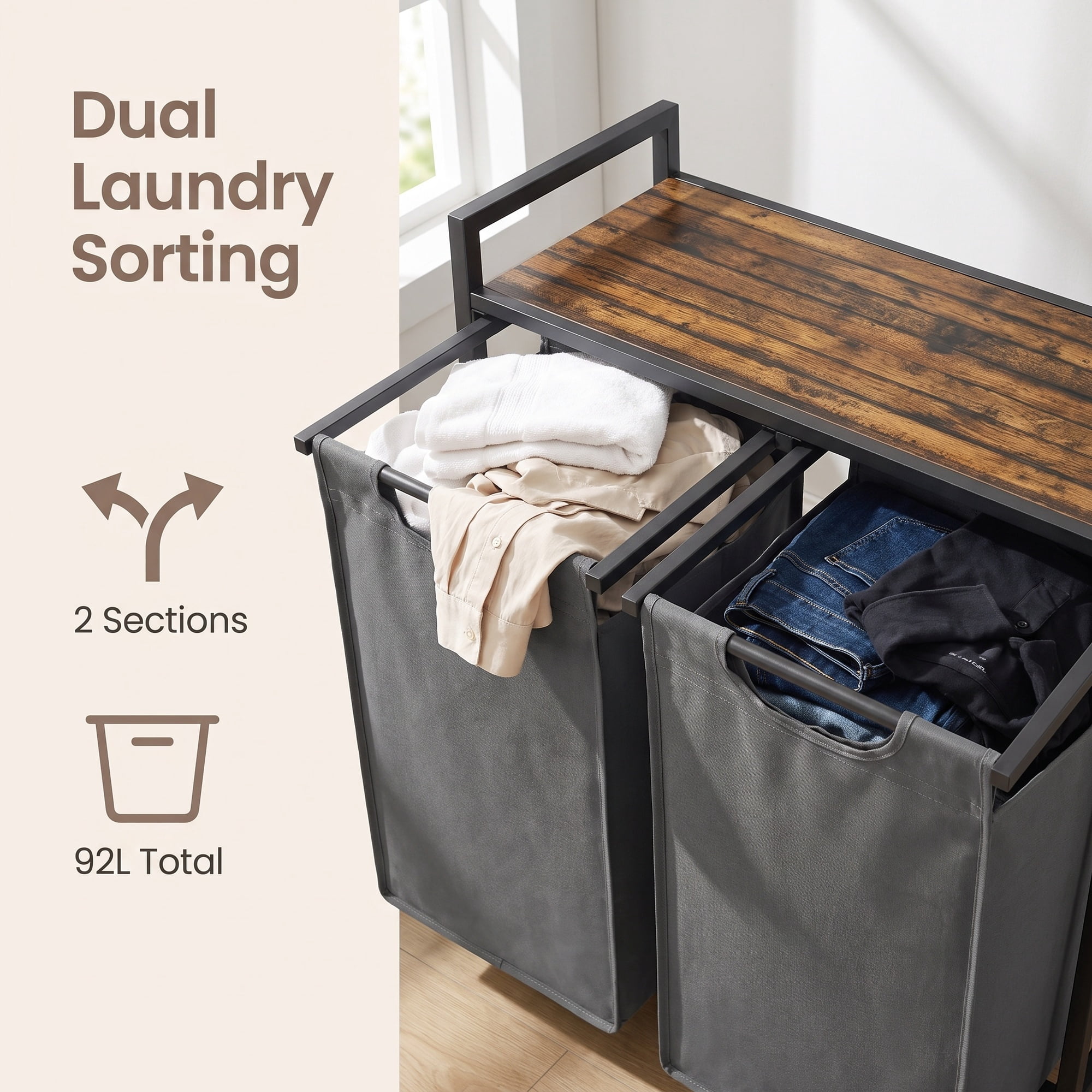 Ledrem Laundry Sorter Hamper with 2 Pull-Out Bags, Detergent Shelf, 2-Compartment, Rustic Brown/Gray