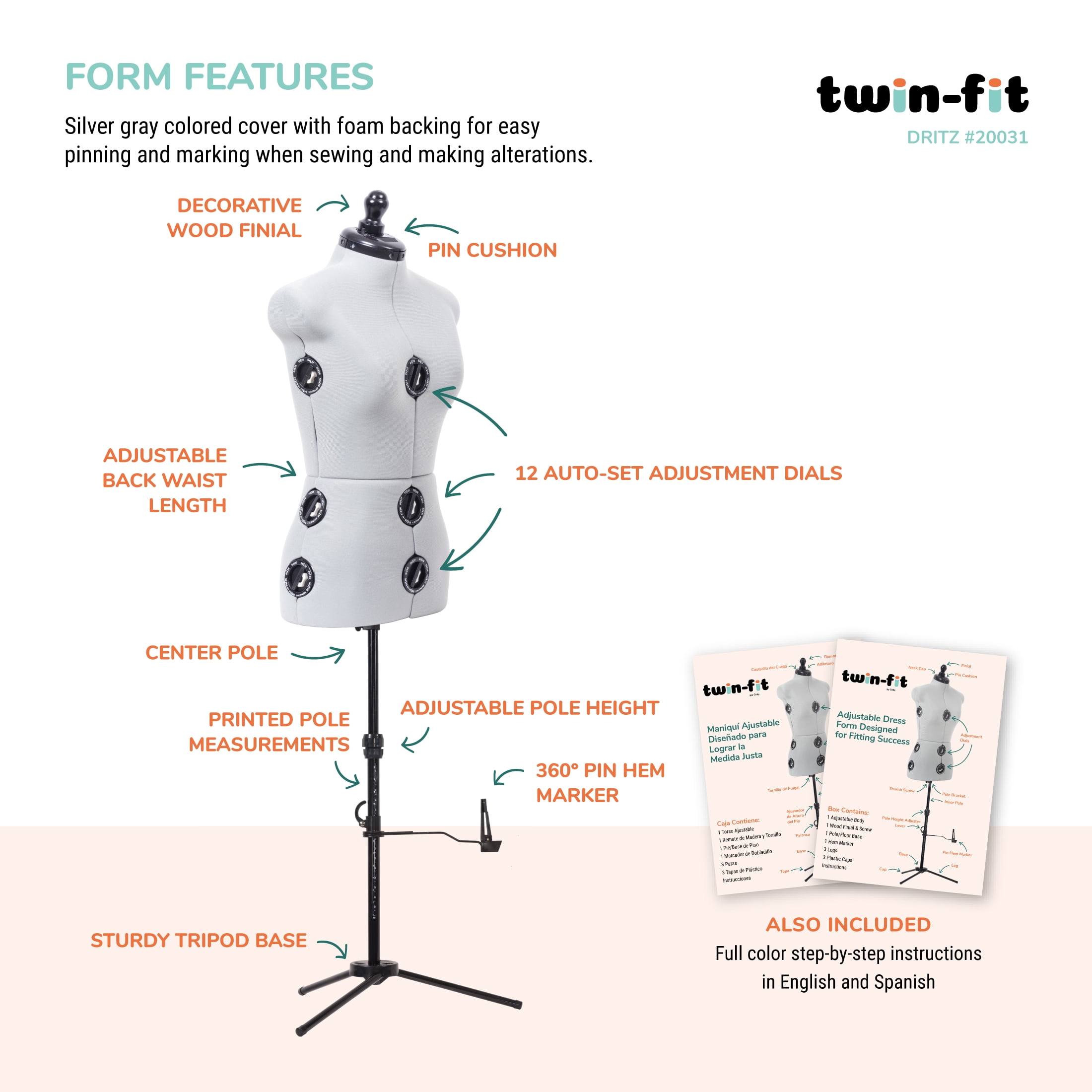 Dritz Twin-Fit Dress Form with Adjustable Tri-Pod Stand, Small