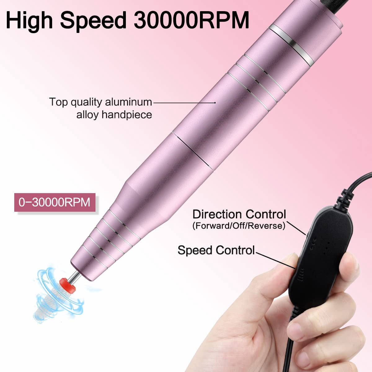 AsterOutdoor 30,000RPM USB Nail Drill Machine Acrylic Gel Polish, Electric Manicure Machine, Pink