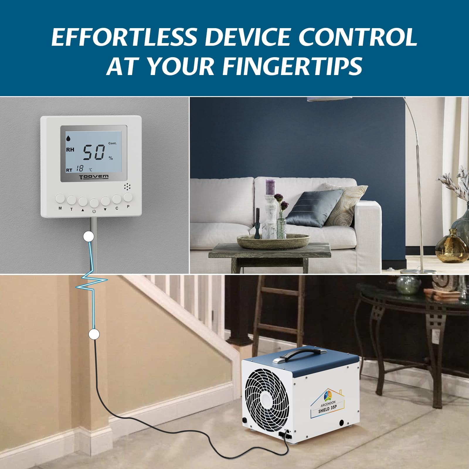 Remote Controller for Digital Humidity and Temperature, Included 26ft Cable Suitable for Argendon Shield 35P/35M,Sandidry 55C Basement/Crawl Space Dehumidifier, White