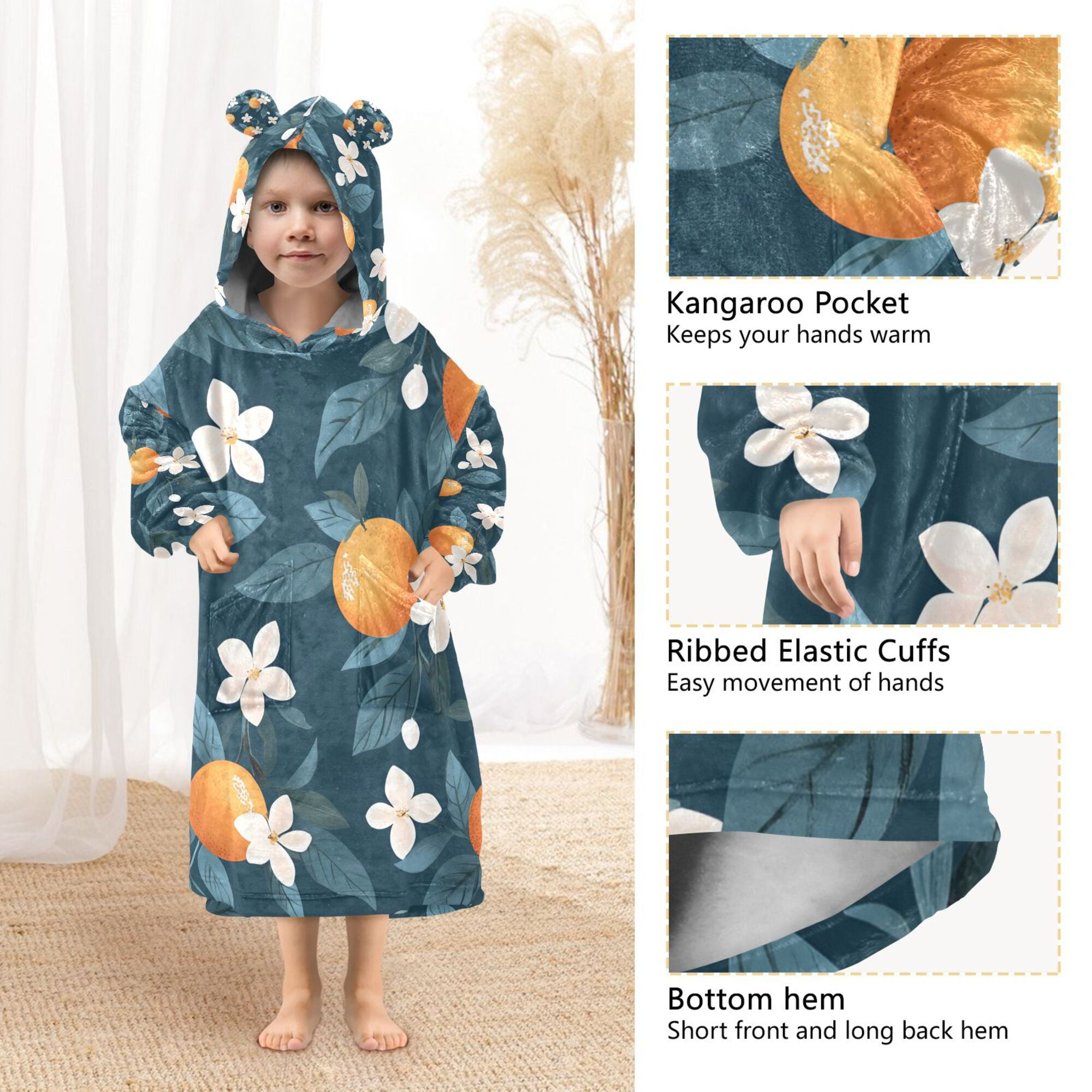 FORMRS Wearable Blanket Hoodie with Sleeves for Kids Cozy Flannel Sweatshirt, Oranges Pattern