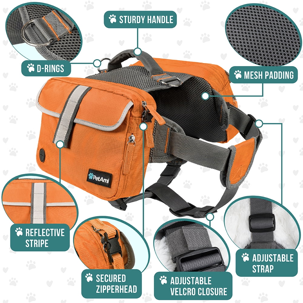 PetAmi Dog Backpack for Medium Large Dogs, Dog Saddle Bag For Dogs to Wear, Harness Saddlebag with Reflective Safety Side Pockets for Hiking, Camping, Vest Dog Pack for Travel (Orange, Large)