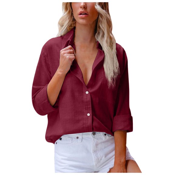 Juebong Shirt for Women Button Down V Neck Linen Shirts Long Sleeve Blouse Roll Up Cuffed Sleeve Casual Work Plain Tops